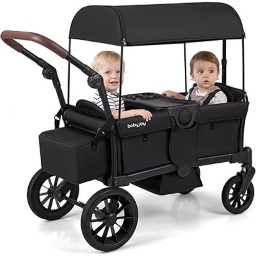 BABY JOY Wagon Stroller for 2 Kids, Foldable Stroller Wagon with Adjustable Push/Pull Handle, Removable Canopy, Snack Tray, Parent Organizer, Safety Harness & Shock-Absorbing Wheels (Black)
