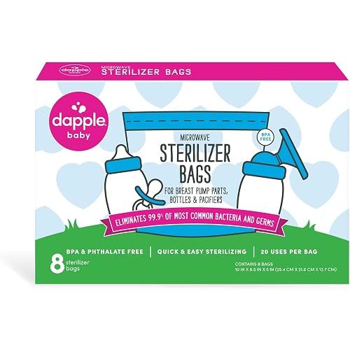 Dapple Baby Microwave Sterilizer Bags, Reusable for Breast Pump Parts & Baby Bottle, 20 Uses Per Bag, Great for Travel & Office, 8 Count (Pack of 1)