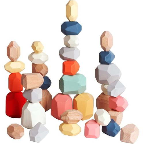 BESTAMTOY 36 PCS Wooden Sorting Stacking Rocks Stones,Sensory Toddler Toys Learning Montessori Toys, Building Blocks Game for Kids 3 4 5 6 Years Boy and Girl Birthday Gifts for Kids