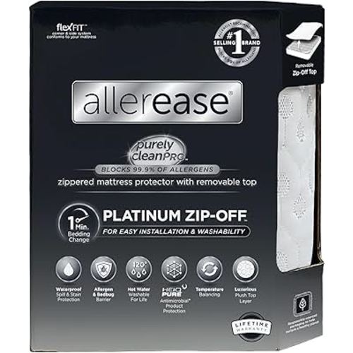 AllerEase Platinum Zip-Off Top Waterproof Mattress Protector Queen Size 360 Degree Zipper Allergen Barrier Temperature Balancing Luxurious Plush Top Separately Machine Washable Mattress Cover (White)