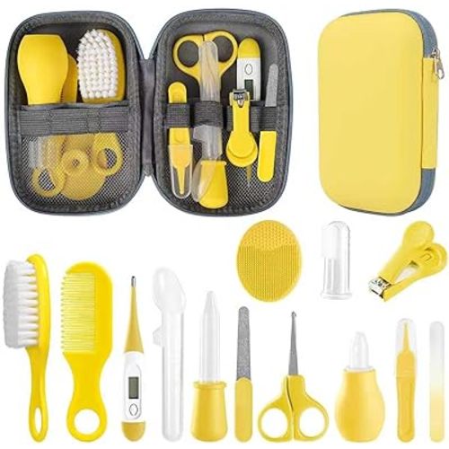 Baby Grooming Kit, Infant Safety Care Set with Hair Brush Comb Nail Clipper Nasal Aspirator,Baby Essentials Kit for Newborn Girls Boys (Yellow)