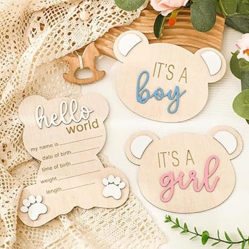 3Pcs Baby Announcement Sign Wooden Gender Reveal Signs for Baby Birth It' s a Boy Girl Bear Shaped Announcement Signs Hello World Newborn Welcome Sign for Hospital Shower Photo Prop Keepsake