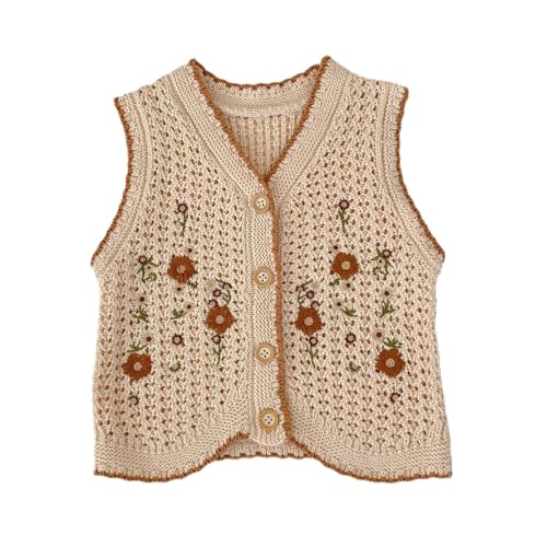 HOOLCHEAN Baby Girls Embroidered Cotton Vintage Sweater Vest Knitted Cardigan
