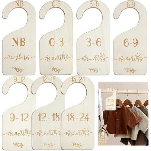 7 Pack Baby Closet Dividers Set, Wooden Clothes Organizer from Newborn to 24 Months, Nursery Decor Hanger Dividers for Baby Clothes Storage, Perfect for New Parents and Nursery Organization