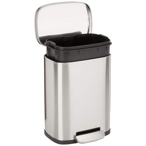 Amazon Basics SMALL Trash Can, 3.1 Gallon (12L), Smudge Resistant Rectangular Bin with Soft-Close Lid, Step Foot Pedal, Removable Inner Bucket, Brushed Stainless Steel, Satin Nickel Finish