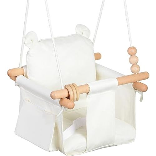 Canvas Baby Swing Seat Wooden Baby Hanging Swing Door Swing Baby Toddler Cream Indoor Baby swingSwing with Safety Belt and 2 Side Pockets for Indoor Playground Sport & Outdoor Play Toys