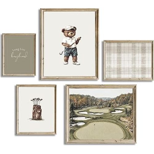 Golf Nursery Wall Art Vintage Sports Decor Wall Baby Boy Room Prints Teddy Bear Canvas Golf Course Poster Kids Animal Pictures Sage Green Painting Artwork for Playroom Bedroom 8x10x5 Inch Unframed