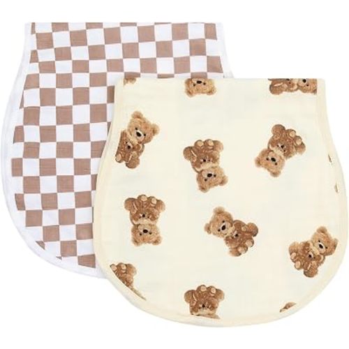 LifeTree Muslin Baby Burp Cloths - 2 Pack 70% Viscose from Bamboo and 30% Cotton Large 22'' by 10.6'' Absorbent Milk Spit Up Rags - Burping Cloths for Newborn, Girls Boys, Bear and Checkered