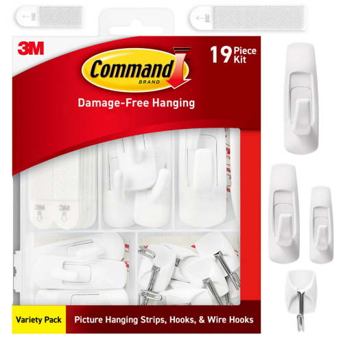 Command Variety Pack, Holds .5 to 16 lbs, Picture Hangers, Strips, Utility Hooks and Wire Hooks, 19 Pieces Kit