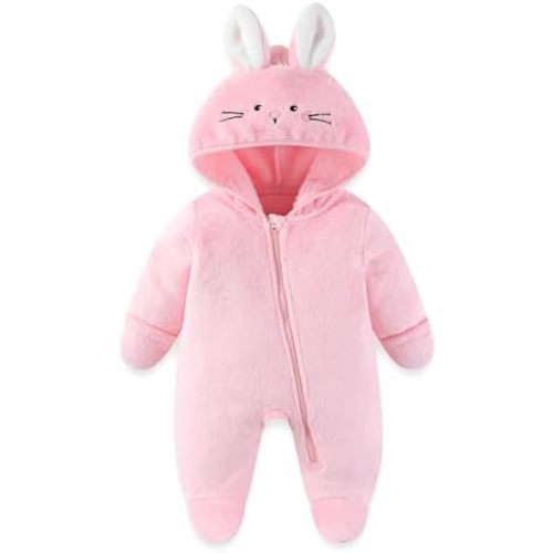JiAmy Baby Fleece Snowsuit Cute Bear Romper Newborn Winter Jumpsuit Hooded Warm Coat with Fold-over Mittens Footies