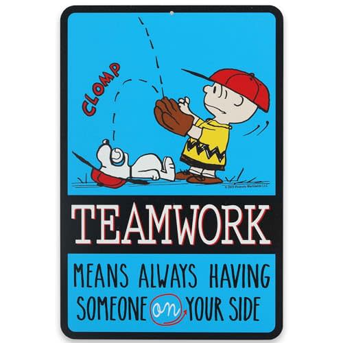 Peanuts Charlie Brown and Snoopy Baseball Teamwork Metal Sign | Fun Charlie Brown Sign for Kids' Bedroom or Classroom