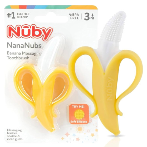 Nuby Nananubs Banana Massaging Teether – Baby Teething Toys 3 Months and Up, Silicone Teether for Sore Gums, Infant Toy, Baby Essentials, Brush, Travel Accessory, Gift for Babies