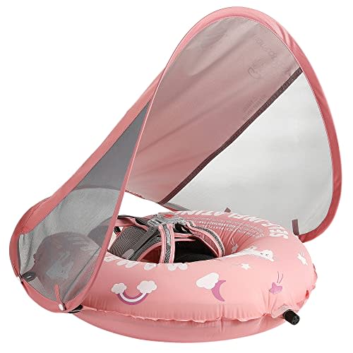Mambobaby Float Self-Inflating Baby Swim Float with Canopy, Compressible Folding Pool Baby Float, Upgrade Soft Waterproof Skin-Friendly Material Toddler Swim Float (Standard Edition Pink)
