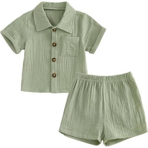Baby Boys Clothes Set Toddler Infant Boys Button-down Shirt Tops + Cotton Gauze Shorts Summer Outfit 2PCS with Pockets