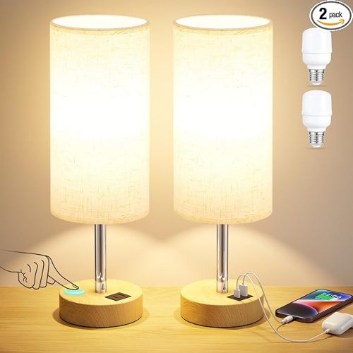 Touch Bedside Lamps Set of 2 - 3 Way Dimmable Table Lamps for Bedroom, Nightstand Lamp with Wooden Charging Station for Kids Room Dorm, Small Desk Lamp for Living Room, Office, Kids Room, Nursery
