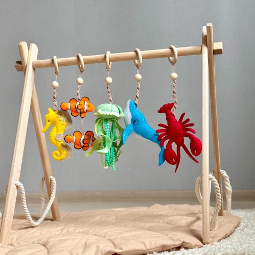 Ocean Baby Gym Toys Set with Wooden Play Gym, Seahorse, Jellyfish, Whale, Montessori Baby Activity Gym, Sea Nursery Decor, Baby Shower Gift