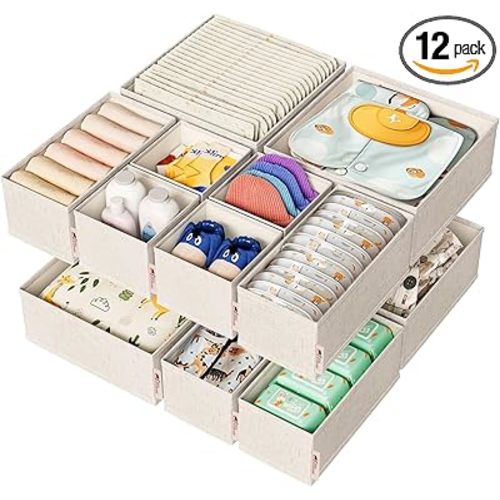 Cotton Linen Drawer Organizer for Baby Clothes, 12Pack Multi-Size Nursery Dresser Dividers for Clothes, Premium Foldable Storage Bins for Bedroom, Closet and Diaper Table, Beige