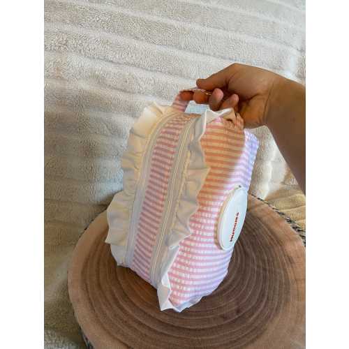 Customized Pink and White Stripe Diaper + Wipe Pouch w/ White Ruffles, Baby Shower Gift, Car and Stroller Diaper Bag