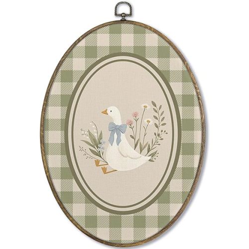 Fewgb Vintage Goose Girls Nursery Oval Wall Art Decor Framed, Silly Goose Baby Girls Toddler Kids Room Playroom Bedroom Canvas Wall Art Prints Picture, Sage Green Duck Cottagecore Plaid Artwork 9x12