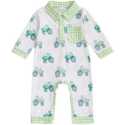 Newborn Baby Boy Fall Outfit Tractor Print Long Sleeve Romper Polo Bodysuit Plaid Jumpsuit Farm Country Clothes