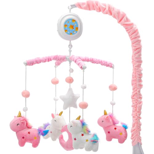 Unicorn Baby Crib Mobile for Girls with Music Box (100+ Lullabies) | Rotating Plush Crib Toy with Starry Light Projector. Sweet Nursery Soothing Toy, Ideal Newborn Baby Shower Gift.