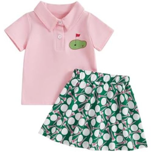 Dewadbow Toddler Girl Golf Outfit Short Sleeve Hole in One Polo Shirt and Golf Print Mini Skirt Set 6 12 18 24M 2 3 4T