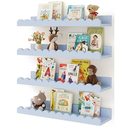 Shario Nursery Book Shelves, 4-Pack White Floating Shelves for Wall Kids, Scalloped Shelves, Wall Book Shelves for Bedroom Kids, Toddler Room, Baby Room, Nursery Decor (Blue, 16.5 Inches)