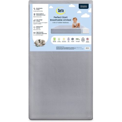 Serta Perfect Start Breathable Limited Two -Stage Crib Mattress and Toddler Mattress - Breathable Cover and Fiber Core, Machine Washable Cover, Waterproof, 7 Year Warranty, Made in USA