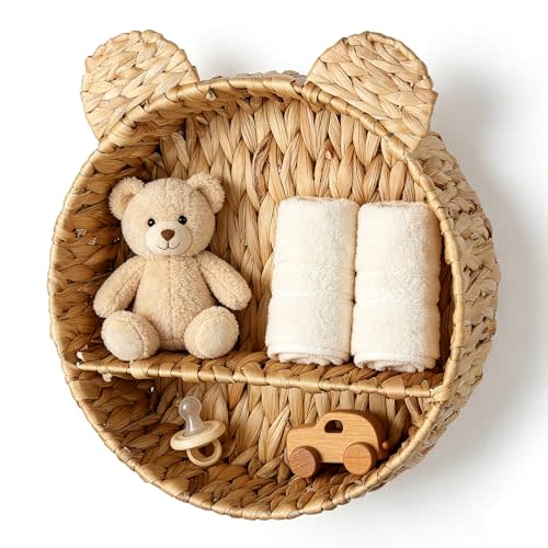 Bear Water Hyacinth Wicker Wall Floating Shelf, Handwoven Boho Hanging Decor & Woodland Storage Organizer for Bedroom, Bathroom, Living Room, Books & Toys