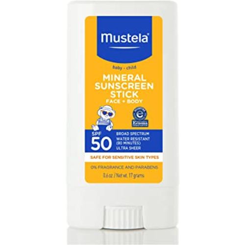 Mustela Baby Mineral Sunscreen Stick SPF 50 Broad Spectrum - Face & Body Sun Stick with 70% Organic Ingredients - Ultra Sheer, Water Resistant & Fragrance-Free - 0.6 oz (Pack of 1)