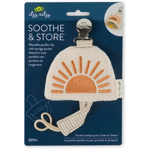 Itzy Ritzy Soothe & Store Pacifier Clip and Storage Pouch; Wearable Pacifier Strap Includes Storage Pocket with Closure; (Pacifier Not Included) Terracotta Sun