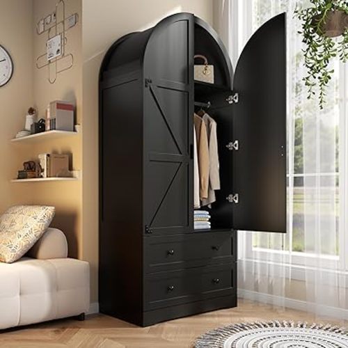 74.8" Black Armoire Wardrobe Closet with 2 Drawers and 2 Doors, Tall Bedroom Freestanding Armoire Storage Cabinet with Shelves, Wood Large Wardrobe Combination for Hanging Clothes (Black)