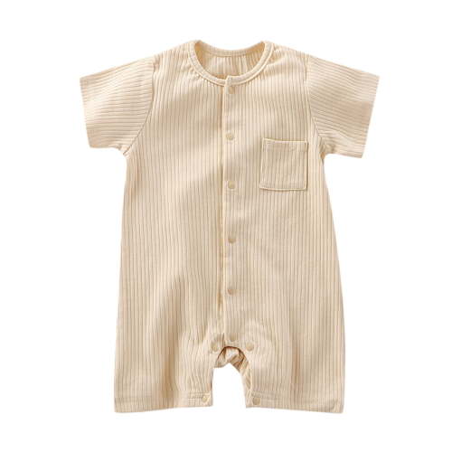 LIIPEE Boys Girls Onesie Summer Comfort Ribbed Short Sleeve Solid Color Round Neck Button Down With Pocket Romper Girls Breathable Daily One-Pieces,Beige,0-3 Months