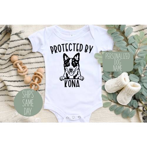 Protected by Dog Onesie®, Dog Lover Baby Onesie®, Cute Blue Heeler Pet Baby Bodysuit, Dog Name Baby Onesie®, Baby Announcement
