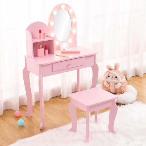 Kids Vanity Desk with Mirror Lights – Princess Makeup Dressing Table for Girls with Storage & Stool