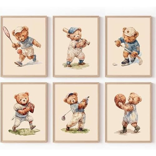 Olctedo Nursery Bear Wall Art Boy Sports Canvas Wall Decor Baby Nursery Prints Vintage Teddy Bear Poster Boy Room Wall Art Kids Animal Pictures Painting for Bedroom Playroom 8x10x6 Inch Unframed