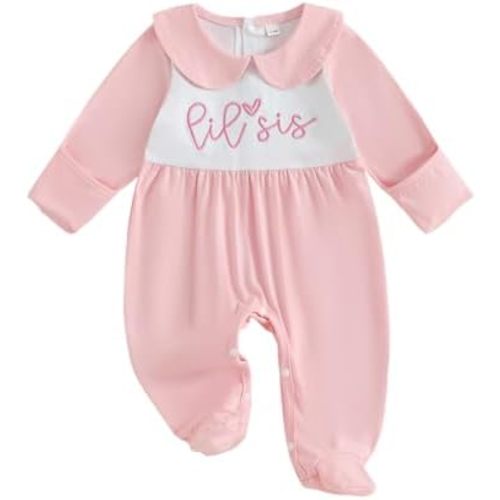 Newborn Baby Girl Footed Romper Onesie Little Sister Embroidery Fall Clothes Coming Home Outfit Vintage Jumpsuit