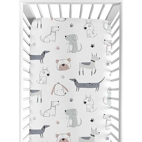 Sweet Jojo Designs Dog Boy Baby Fitted Crib Sheet Infant Newborn Nursery Toddler Bed Room Standard Mattress Neutral Grey Taupe Blue Modern Puppy Pet Watercolor Puppies Bulldog Wiener Doggy Paw Print