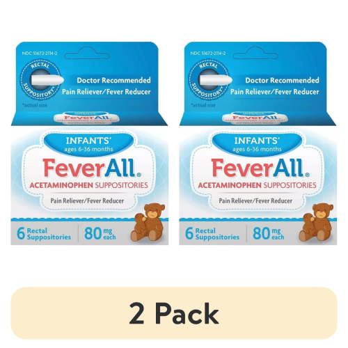 (2 pack) Feverall Infant Acetaminophen Suppositories 6 Rectal Suppositories 80mg Each Pain Reliever/Fever Reducer. Paraben Free, No Artificial Colors or Other preservatives. Ages 6-36 Months
