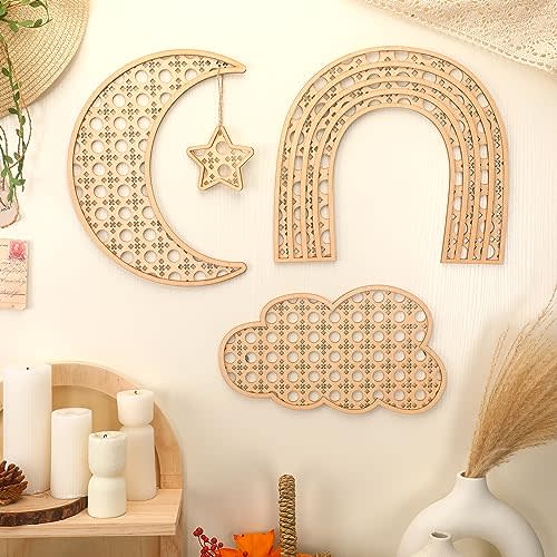 Geetery Boho Wooden Rainbow Nursery Cloud Moon Ornaments Cloud Baby Room Wall Decor for Nursery Boho Wooden Rattan Moon and Stars Decor for Baby Girl Boy