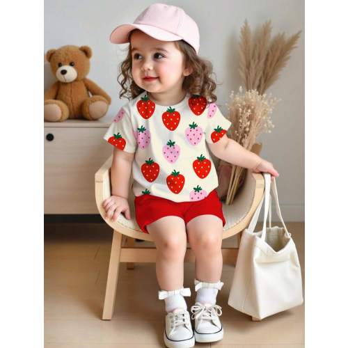 SHEIN LMoss Kids 2pcs/Set Baby Girl Casual Cute Summer Strawberry Fruit Print T-Shirt And Leggings Set, Suitable For Daily Wear, Vacation, Outings, Y2K Style, Kids Cozy , Kids Fall Fashion, Fall New Style, Blossom Vogue, Girls Outfit Sets, Two Pieces Set,
