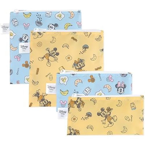 Bumkins Disney Reusable Sandwich and Snack Bags, for Kids School Lunch and for Adults Portion, Washable Fabric, Waterproof Cloth Zip Bag, Travel Pouch, Food-Safe Storage, 4-pack Set Mickey and Minnie