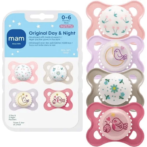 MAM Original Baby Pacifiers 0-6 Months, Binky for Newborn Babies, BPA-Free Skin Soft Silicone Nipple, Glows in The Dark, Developed with Medical Experts, 4 Count, Sterilizer Case, Made in Europe