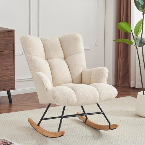 Rocking Chair Nursery Teddy, Upholstered Baby Fluffy Glider Rocker for Adults Indoor, Comfy Sherpa Compact Nursing Chairs for Small Spaces, Living Room, Classroom, Bedroom, Ivory