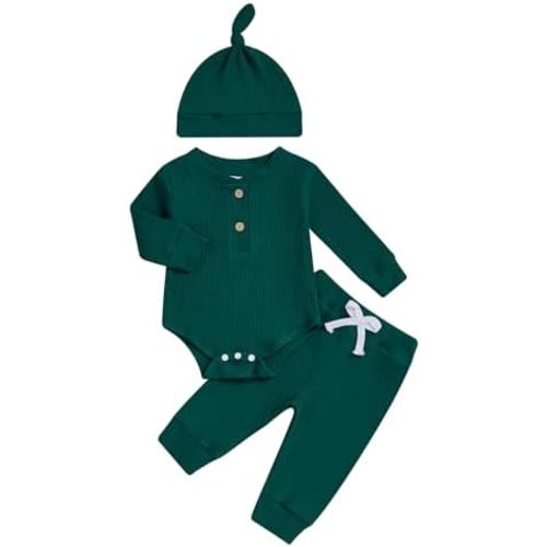 Baby Boy Clothes 3 6 12 18 Months Long Sleeve Ribbed Knitted Romper Pants Set with Hat Newborn Fall Winter Outfits