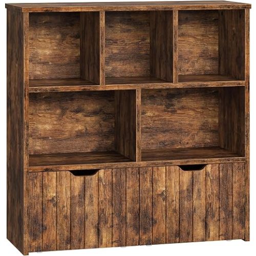 HOOBRO Toy Storage Organizer, Toy Organizers and Storage with 2 Movable Drawers and 5 Cubbies, Toy Chest Shelf for Books or Dolls, Kids Bookshelf and Toy Storage for Playroom, Rustic Brown BF88CW01