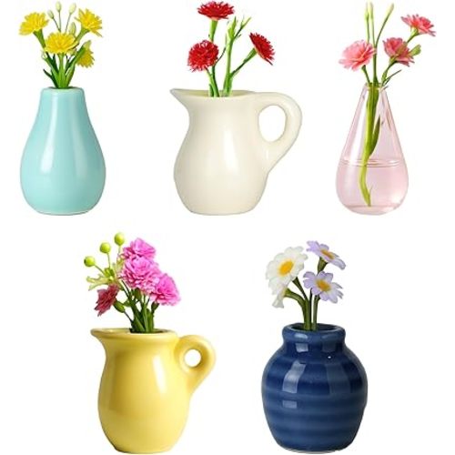 Mini Ceramic Vase Magnets for Fridge, Cute Tiny Plant Vase Fridge Magnets for Kitchen Refrigerator Office Locker Decoration with Fake Flowers (5 Pack)