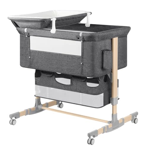 UNISWAN Baby Bassinet Bedside Sleeper with Diaper Changing Station + Mosquito Net + 16gallon Capacity Storage, Adjustable & Portable Bassinet Cosleeping Baby Bed (Wooden Grey)