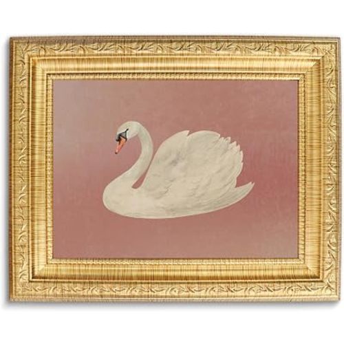 calmart Vintage Gold Framed Swan Wall Art, Aesthetic Dusty Pink Oatmeal Grey Animal Oil Painting Canvas Print, Antique Moody Victorian Wall Decor Picture for Living Room
