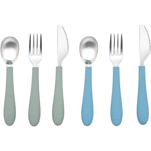 Kids Stainless Steel Utensils Set - Premium 18/8 Grade Silverware Kit - 2 Spoons, 2 Forks, and 2 Knives for Ages 4-7 - Silicone Easy-Grip Handles - Children Flatware Cutlery (Matte - Green, Blue)